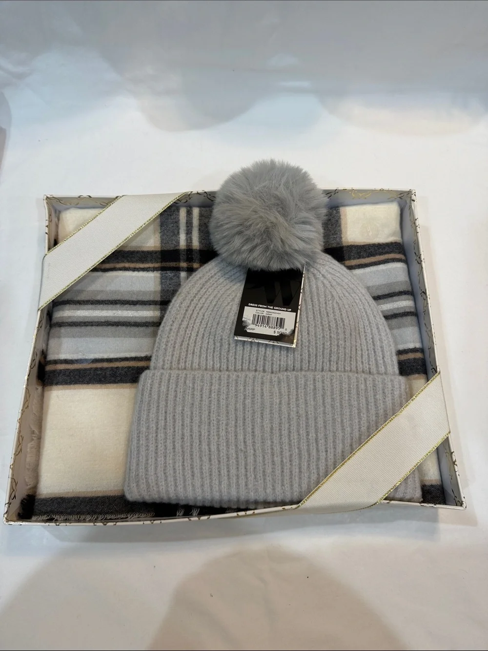 Nine West Light Gray Pom Beanie and Plaid Scarf Gift Set